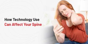 A Woman Sitting On A Couch Looking At Her Phone With The Words How Technology Use Can Affect Your Spine Below Her